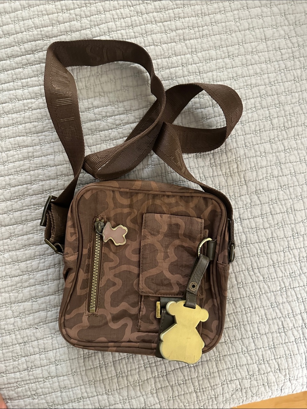 Tous Brown Patterned Men's Messenger Bag with Gold Accent Charm